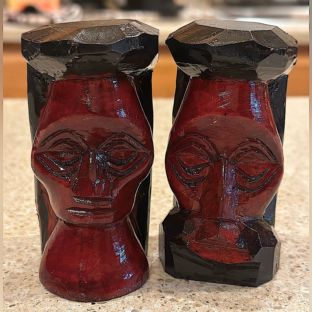 Hand Carved Wood Head Figures Signed - 2 pieces